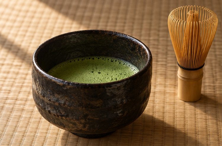 Dunkle, handgeformte Teeschale mit schaumig geschlagenem Matcha neben einem Bambusbesen auf Tatami
