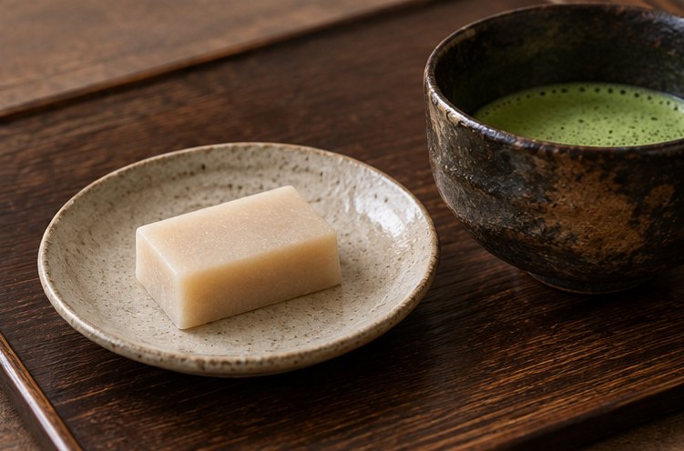 Rechteckige helle japanische Süßigkeit auf einem kleinen Keramikteller neben einer Teeschale mit Matcha