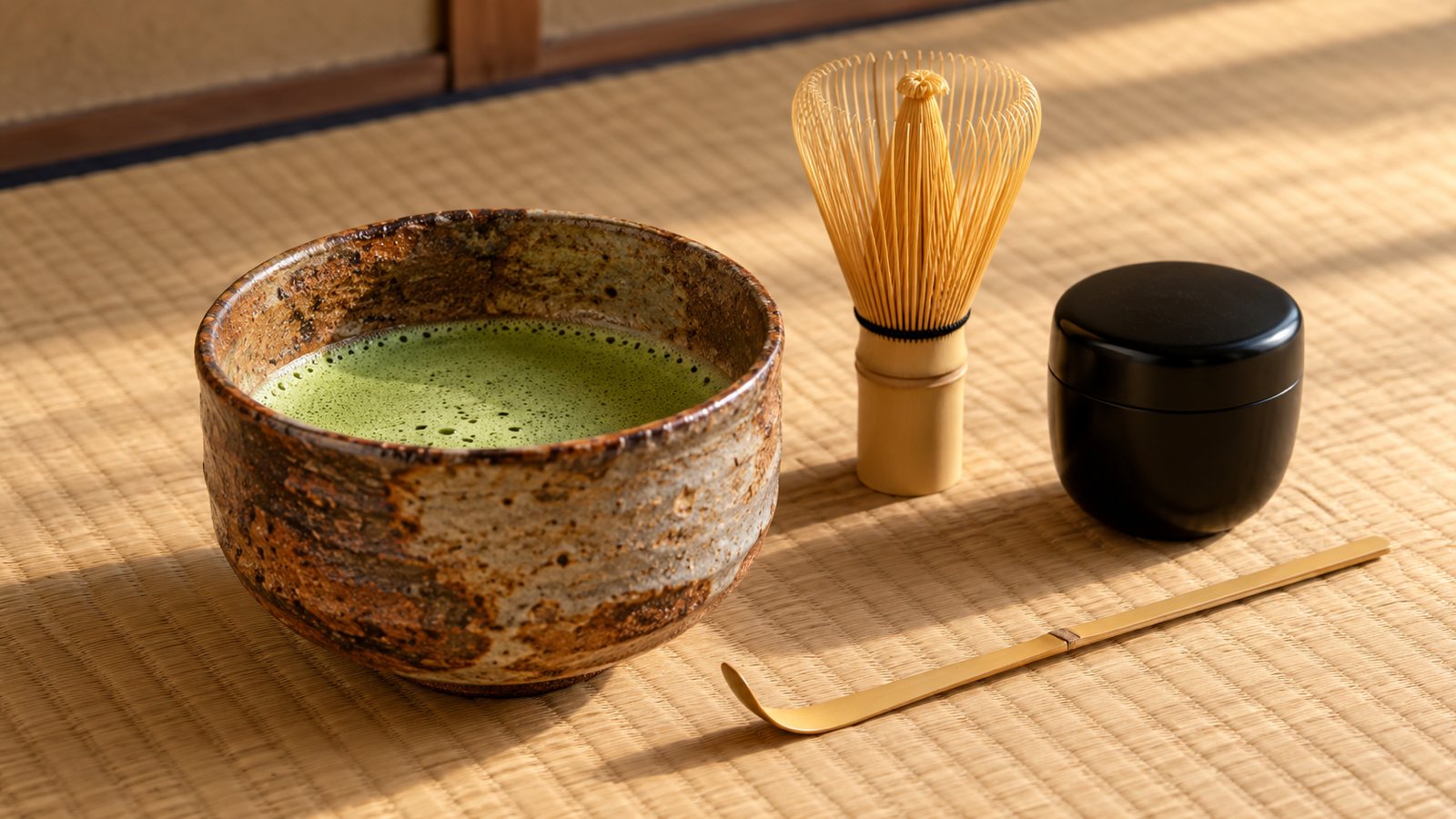 Handgemachte Teeschale mit schaumigem Matcha, daneben Bambusbesen, Bambuslöffel und schwarze Lackdose auf einer Tatamimatte