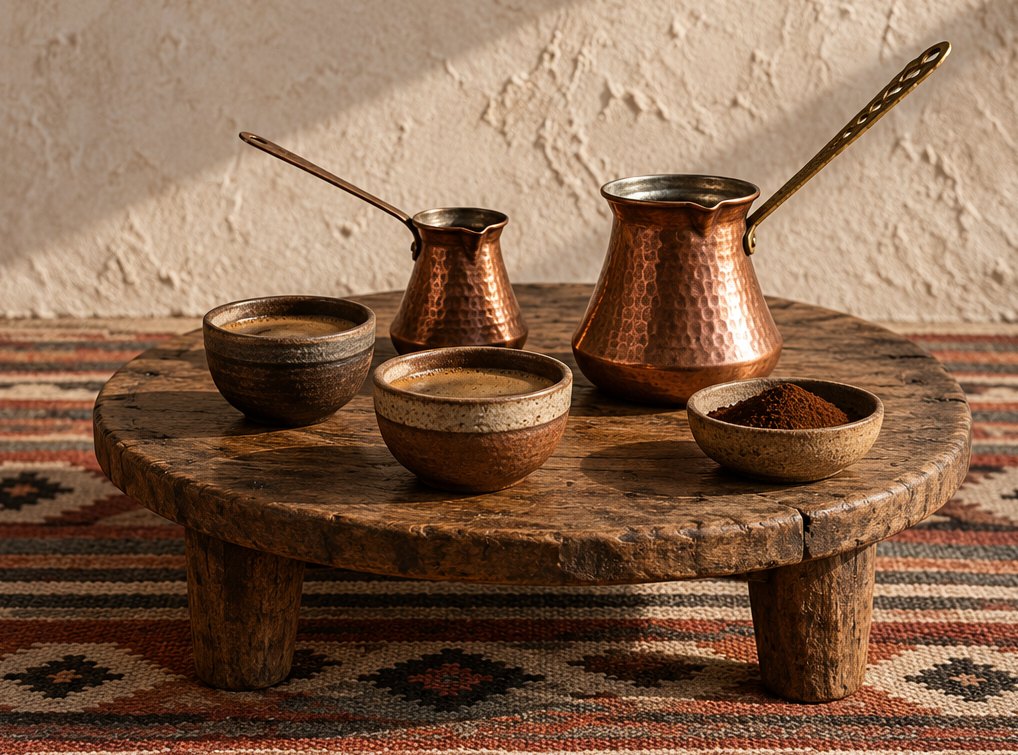 Kupferkannen und henkellose Schalen auf einem niedrigen Holztisch