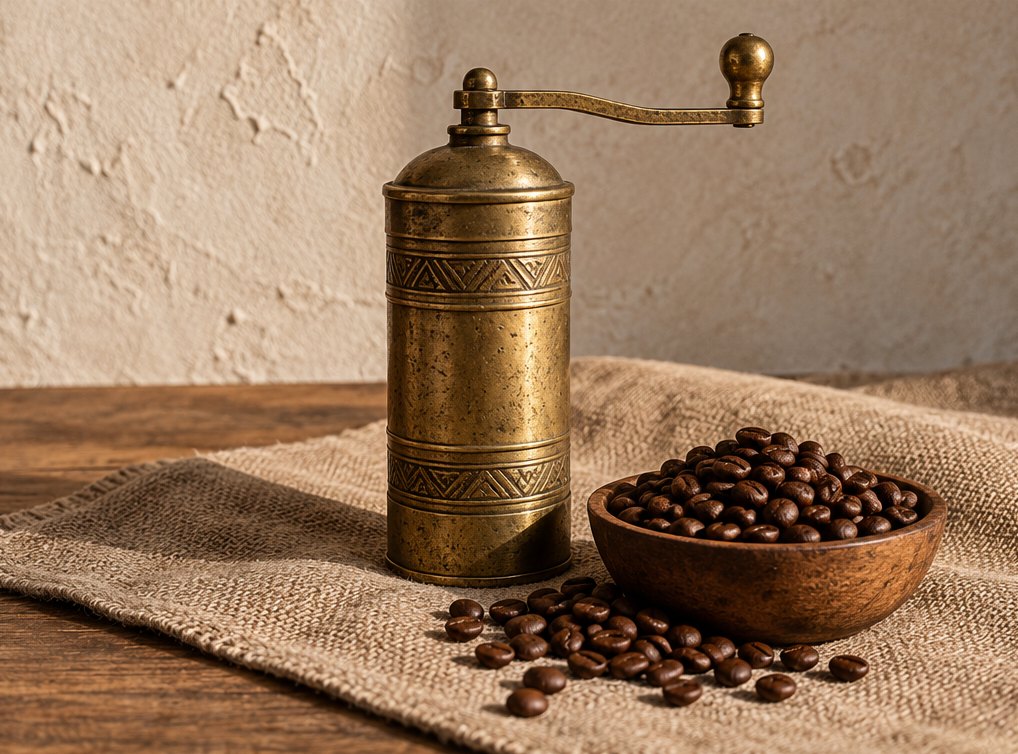 Zylindrische Kaffeemühle aus Messing mit Bohnen