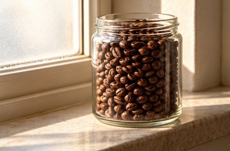 Glas mit Kaffeebohnen auf einer sonnigen Fensterbank