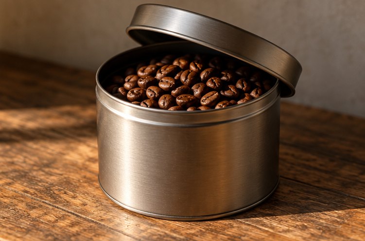 Halb geöffnete Metalldose mit Kaffeebohnen