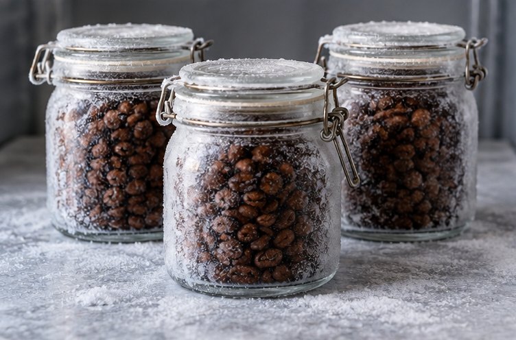 Drei Gläser mit Kaffeebohnen und Raureif, frisch aus dem Gefrierfach