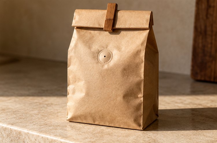 Kaffeetüte aus Papier mit Aromaventil, mit einer Holzklammer verschlossen