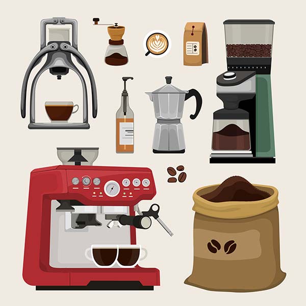 Eine Illustration verschiedener Kaffeezubereitungswerkzeuge und -geräte: eine manuelle Espresso-Maschine, eine Handkaffeemühle, eine Tasse mit Latte Art, Kaffeebeutel, eine elektrische Kaffeemühle, eine klassische italienische Mokkakanne, eine moderne elektrische Filterkaffeemaschine und ein offener Sack mit Kaffeebohnen