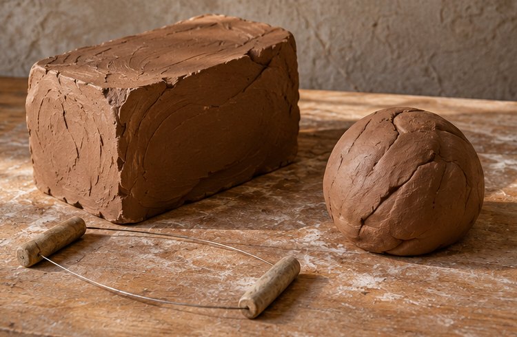 Tonblock mit Schneidedraht und geknetete Tonkugel