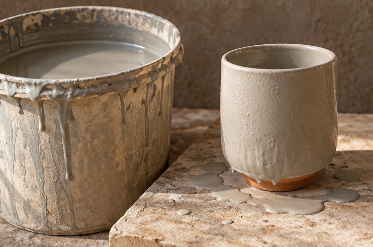 Frisch glasierte Tasse mit blankem Standring neben einem Glasureimer