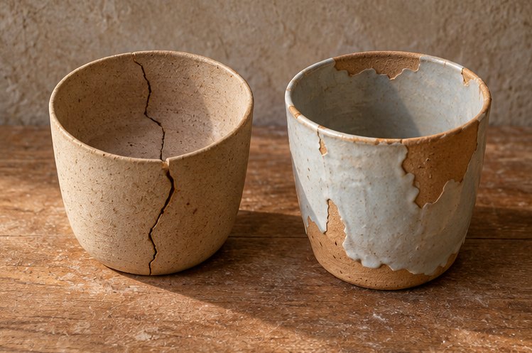 Tasse mit Trockenriss im Boden und Tasse mit abgerollter Glasur