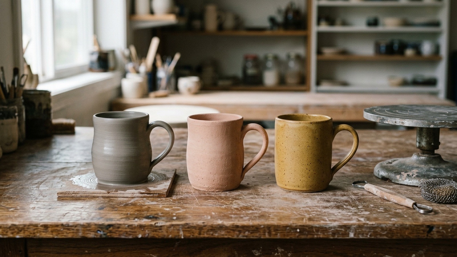 Wie wird eine Keramiktasse hergestellt? Drei Tassen auf einem Werktisch: ungebrannt, nach dem ersten Brand und glasiert, daneben eine Ränderscheibe