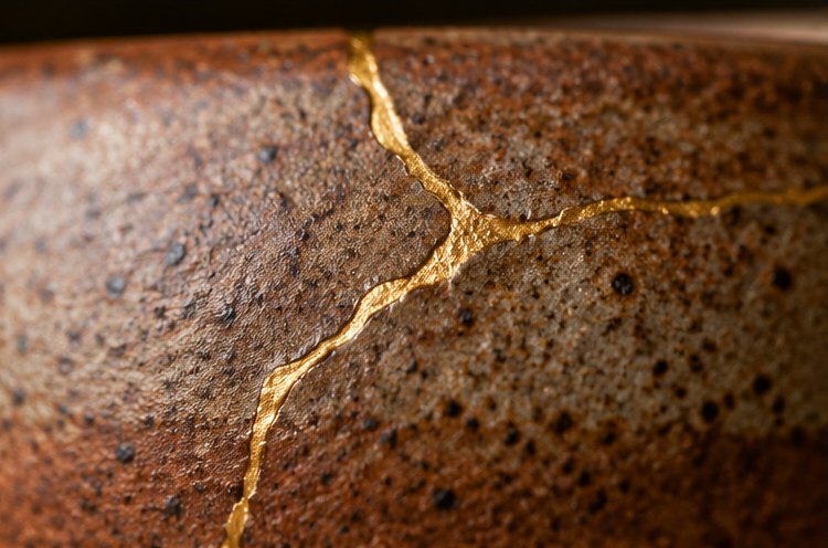 Nahaufnahme einer goldenen Bruchlinie auf brauner, matter Glasur