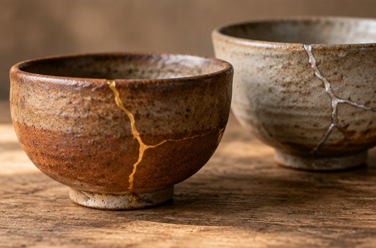 Teeschale mit goldener Bruchlinie neben einer Schale mit silberner Reparaturlinie