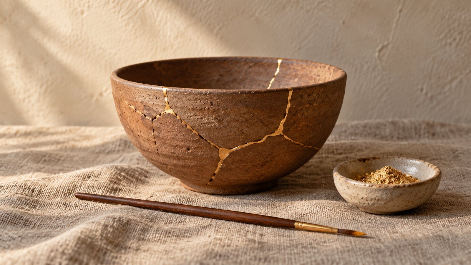 Keramikschale mit goldenen Bruchlinien neben einem Pinsel und einem Schälchen mit Goldpulver