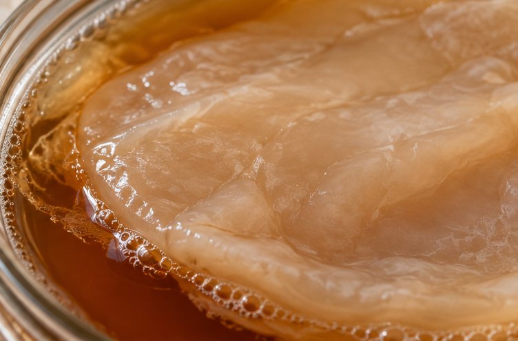 Nahaufnahme der hellen, gallertartigen Teepilzscheibe mit kleinen Bläschen auf der Teeoberfläche
