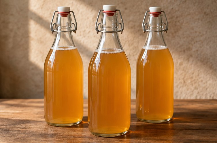 Drei Bügelflaschen aus Glas mit fertigem, goldgelbem Kombucha auf einem Holztisch