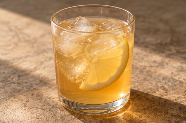 Glas mit Kombucha, Eiswürfeln und einer Zitronenscheibe im warmen Seitenlicht