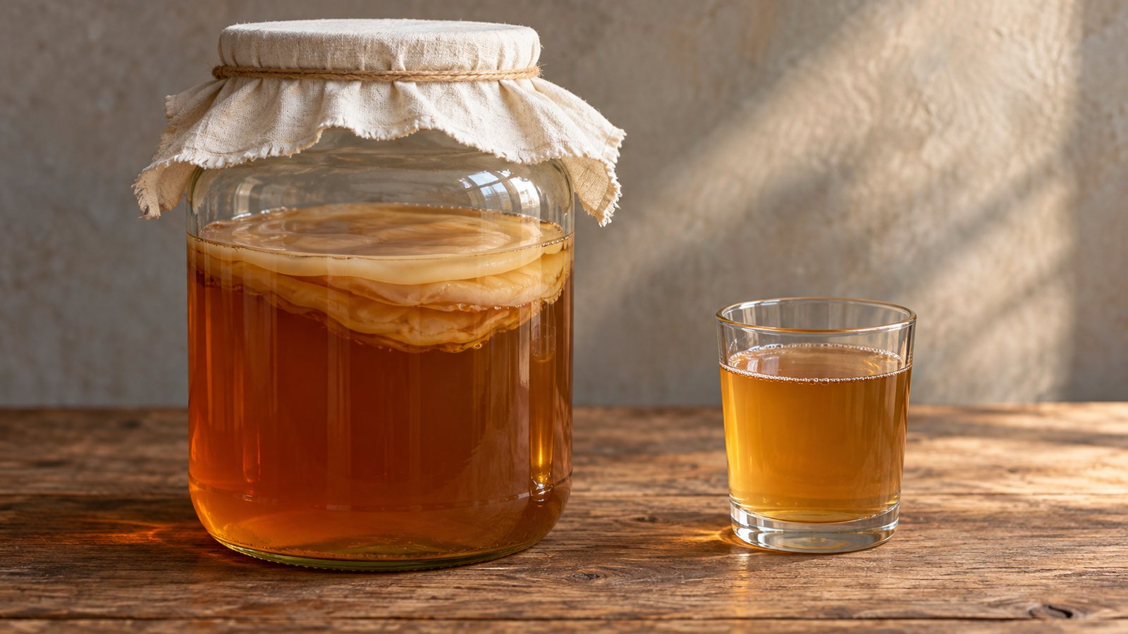 Wie machst du Kombucha selbst? Großes Glasgefäß mit Kombucha und hellem Teepilz, mit Baumwolltuch und Schnur abgedeckt, daneben ein gefülltes Glas
