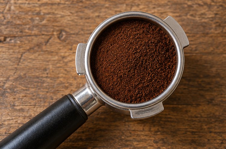 Siebträger mit frisch eingefülltem, fein gemahlenem Kaffee