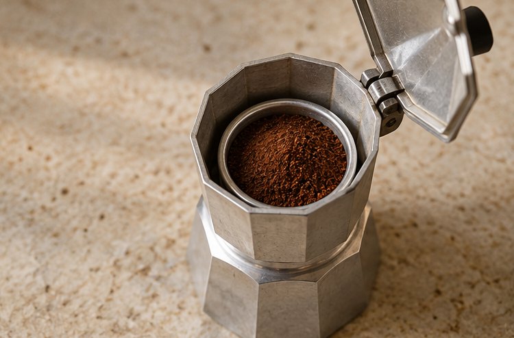 Geöffnete Espressokanne für den Herd mit gefülltem Kaffeetrichter