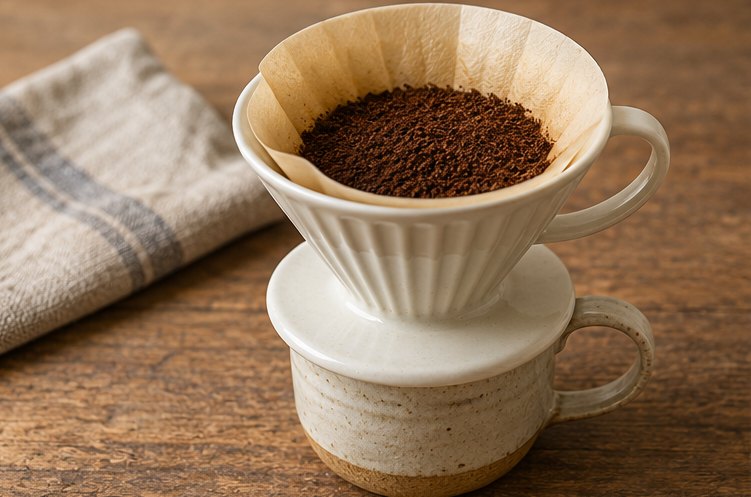 Handfilter aus Keramik mit Papierfilter und Kaffeemehl auf einer Tasse