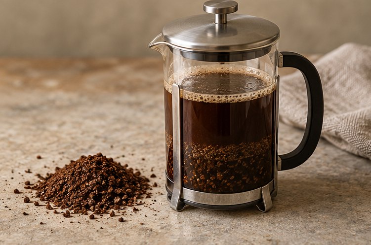 Glaskanne mit Stempel und grob gemahlenem Kaffee, daneben ein Häufchen Kaffeemehl
