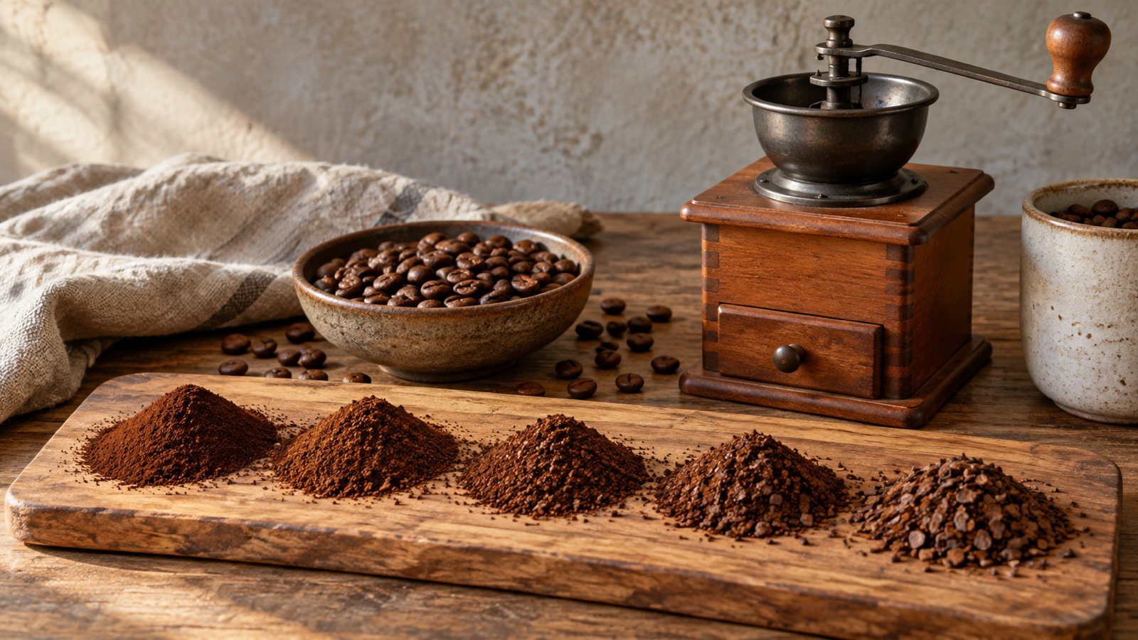 Welcher Mahlgrad für Espresso, Filter und French Press? Fünf Häufchen Kaffeemehl von pulverfein bis grob neben Kaffeebohnen und einer Handmühle