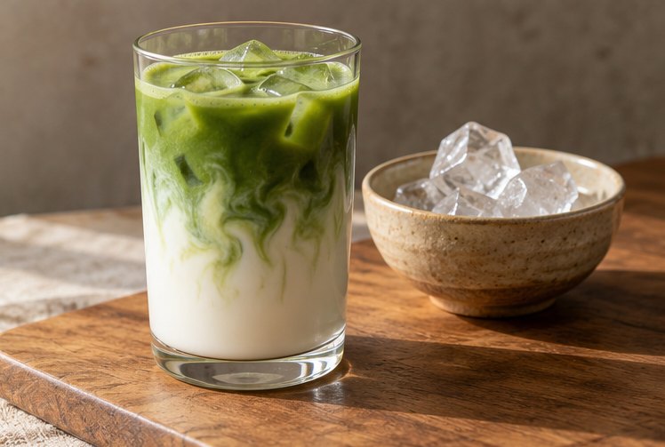Glas mit Matcha und Milch auf Eis, daneben eine Schale mit Eiswürfeln