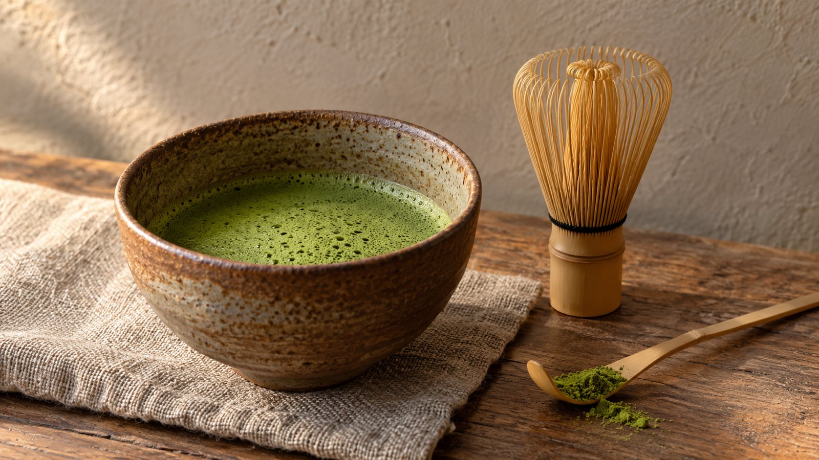 Wie bereitest du Matcha zu? Keramikschale mit aufgeschlagenem Matcha, daneben Bambusbesen und Bambuslöffel
