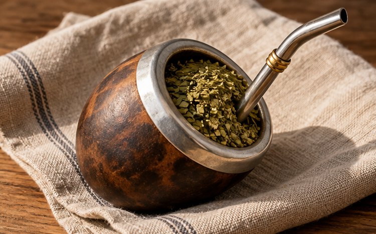 Mate-Kürbis mit Metallrand und Bombilla, schräg auf einem Leinentuch liegend