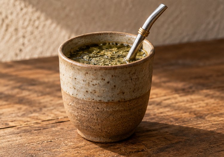 Matt glasierter Keramikbecher mit Mate und metallenem Trinkhalm