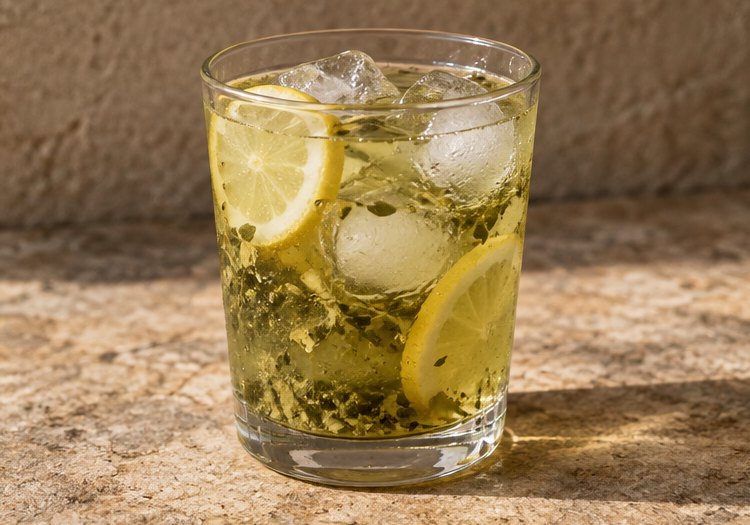 Glas mit kaltem Mate, Eiswürfeln und Zitronenscheiben
