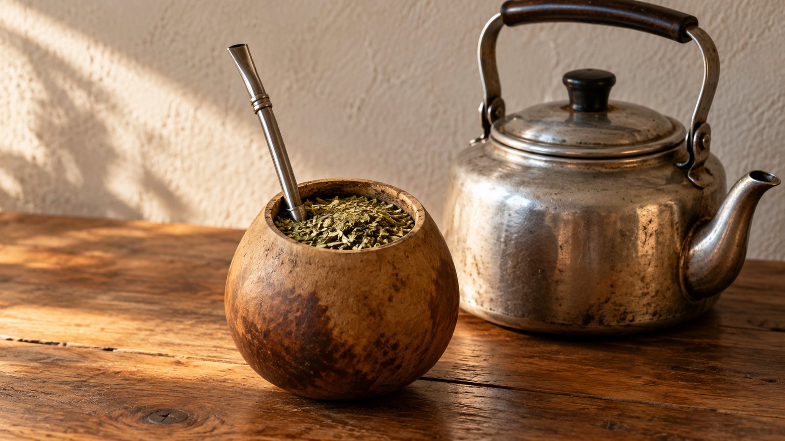 Trinkgefäß aus Kürbis mit grünem Mate und metallenem Trinkhalm neben einem Wasserkessel