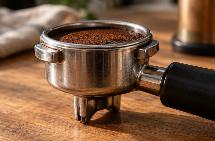 Siebträger von der Seite mit Kaffeebett knapp unter dem Rand