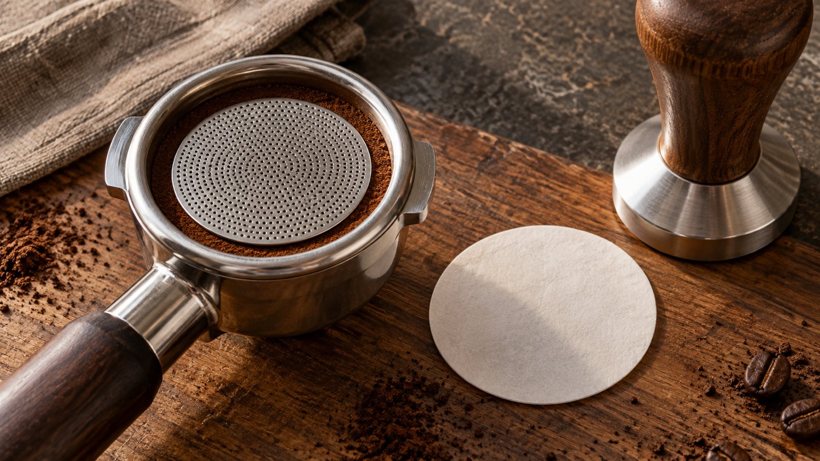 Siebträger mit Puck Screen auf dem Kaffeebett, daneben Papierfilter und Tamper