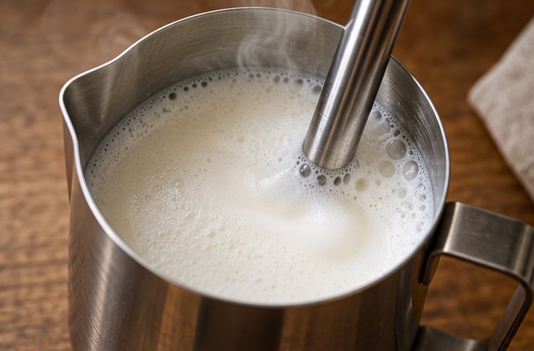 Dampflanze in einem Edelstahlkännchen mit Milch