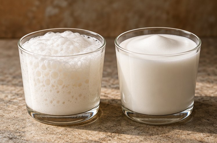 Zwei Gläser Milchschaum, links grobblasig, rechts fein und glatt