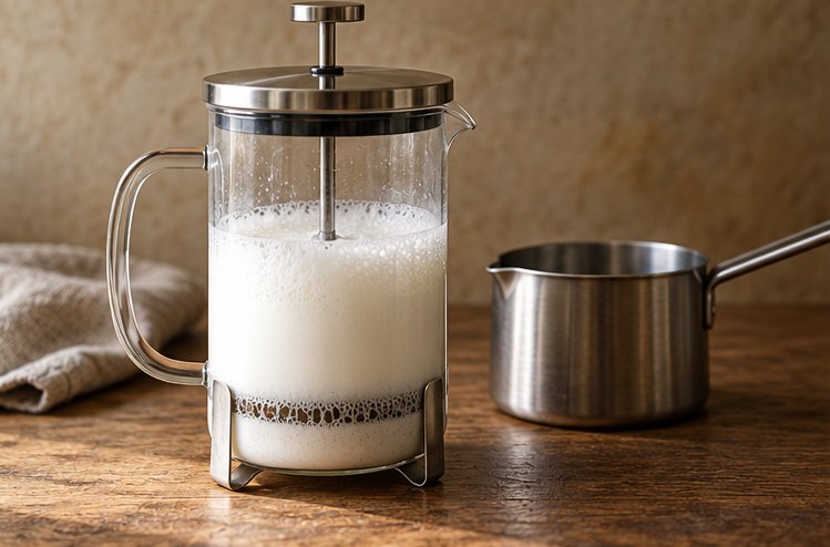 Glaskanne mit Siebstempel voll aufgeschäumter Milch neben einem kleinen Topf