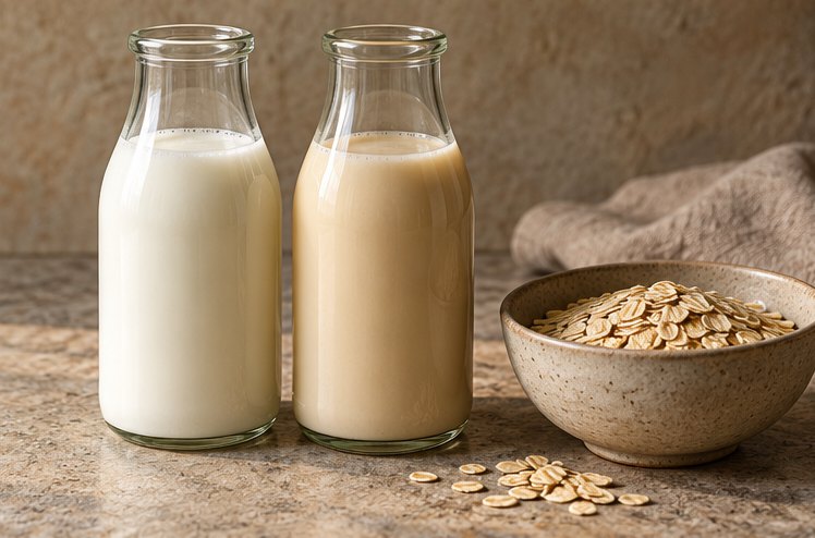 Flasche Milch und Flasche Haferdrink neben einer Schale Haferflocken