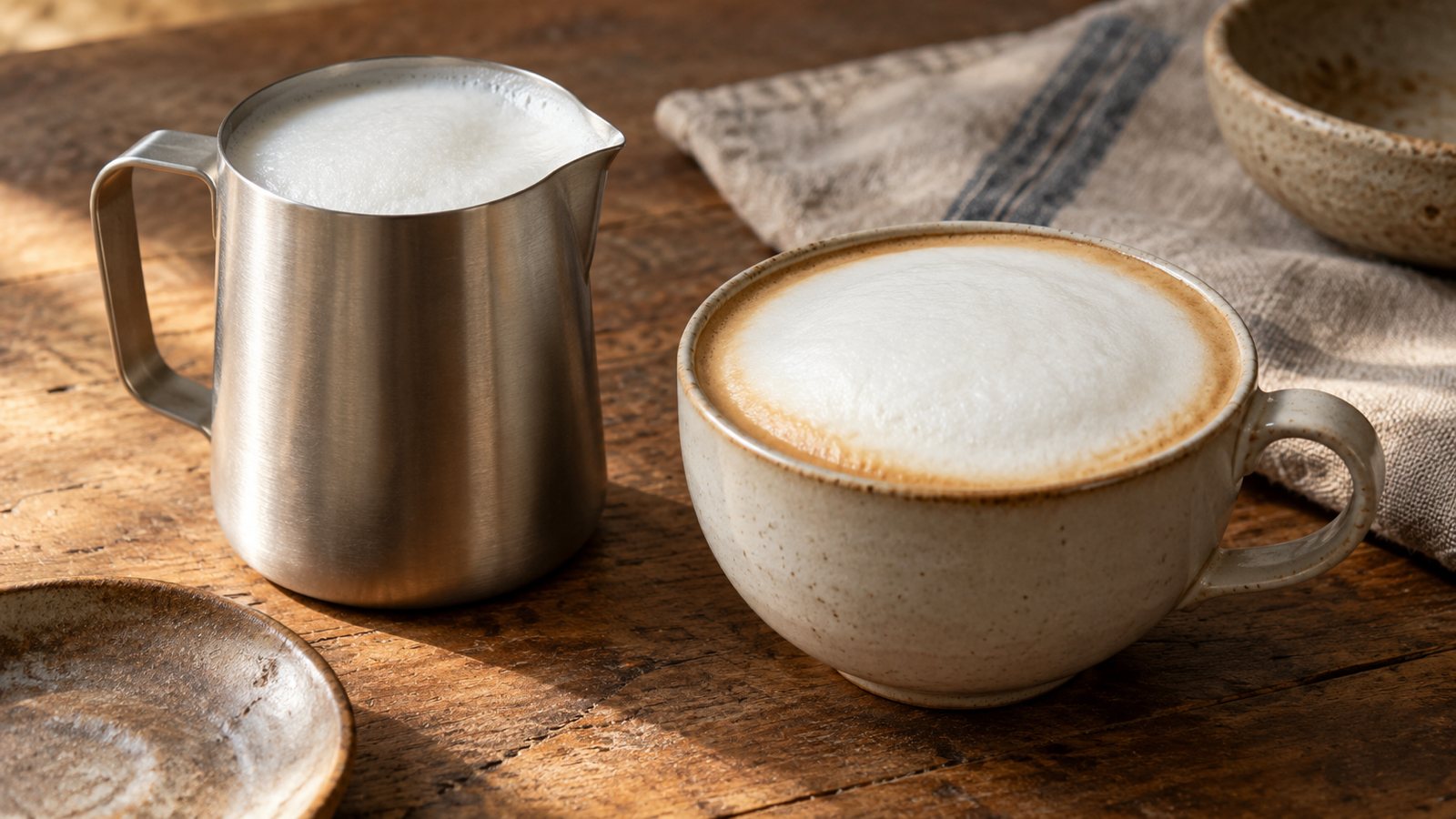 Edelstahlkännchen mit glänzendem Milchschaum neben einer Tasse Cappuccino