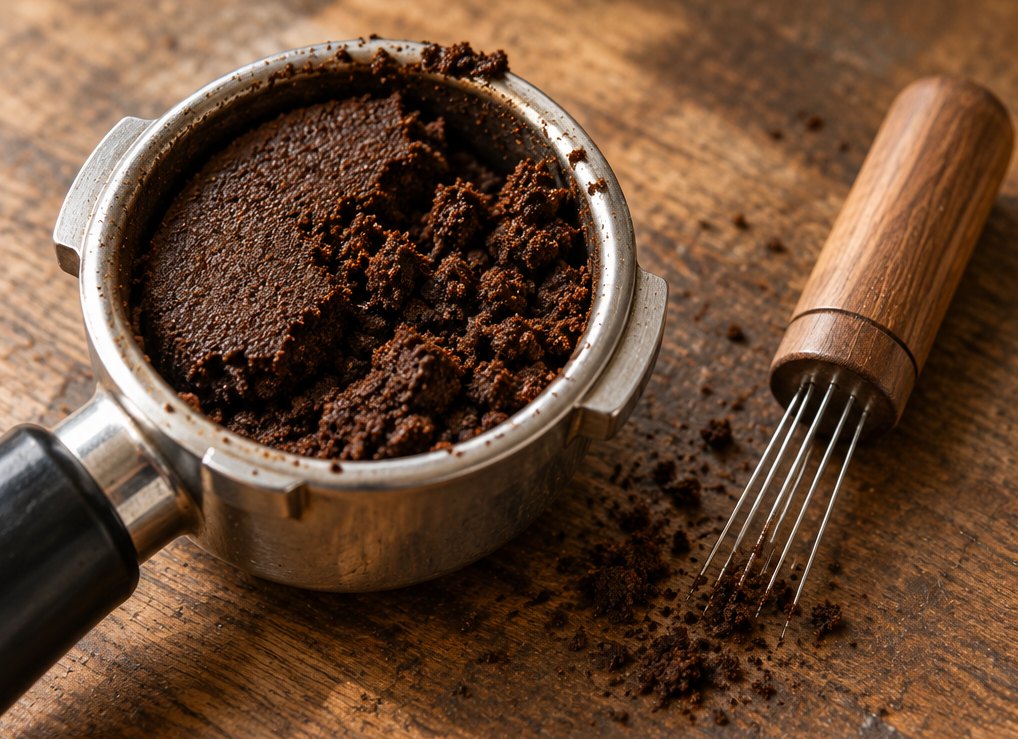 Aufgelockerter Kaffeepuck im Sieb neben einem Nadelwerkzeug