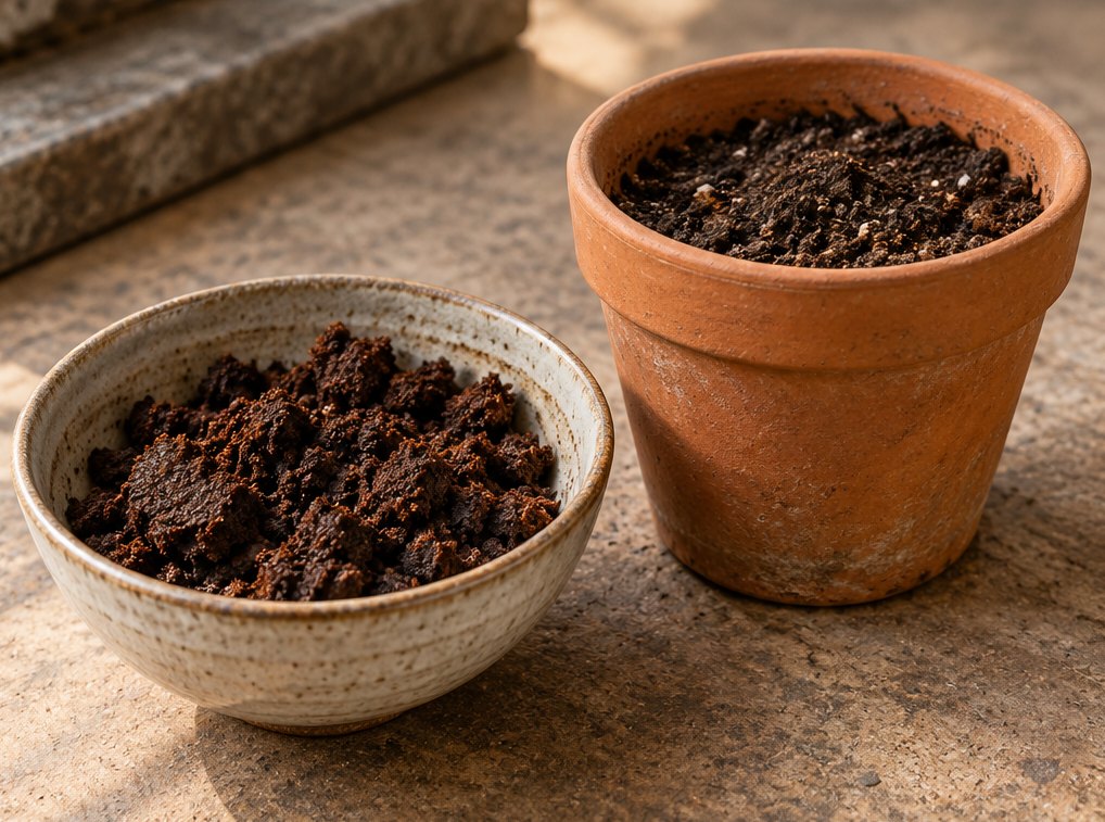 Krümeliger Kaffeesatz in einer Schale neben einem Blumentopf