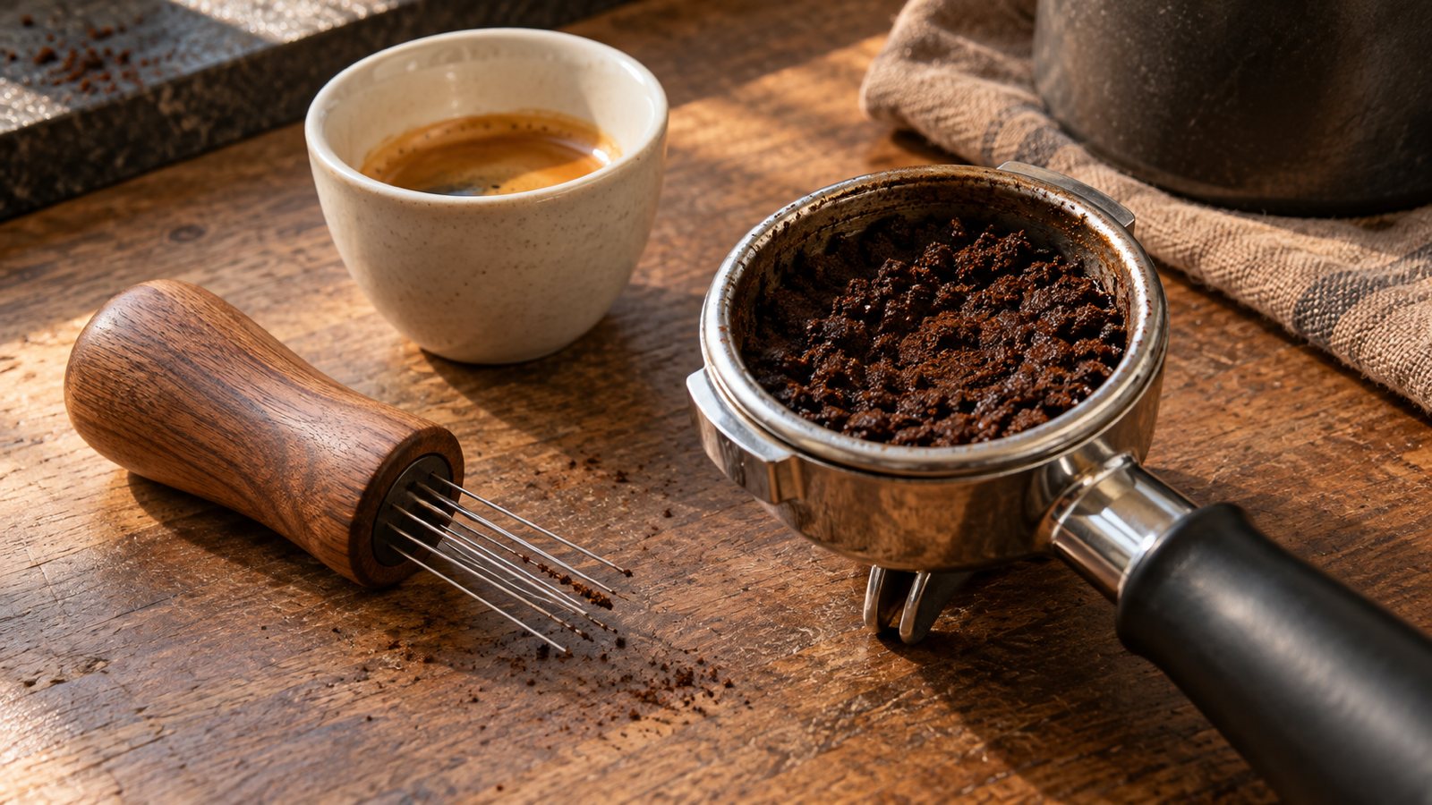 Needle Tool nach dem Espressobezug – sinnvoll oder Spielerei? Nadelwerkzeug neben einem Siebträger mit aufgelockertem Kaffeepuck