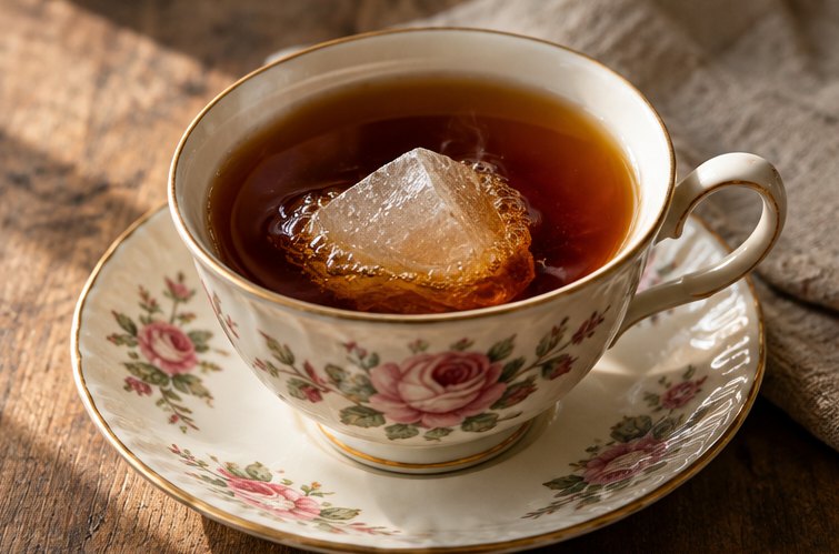 Tasse mit Kandis und frisch eingegossenem Tee