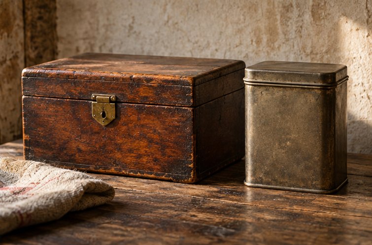 Alte Teekiste aus Holz und Teedose aus Blech