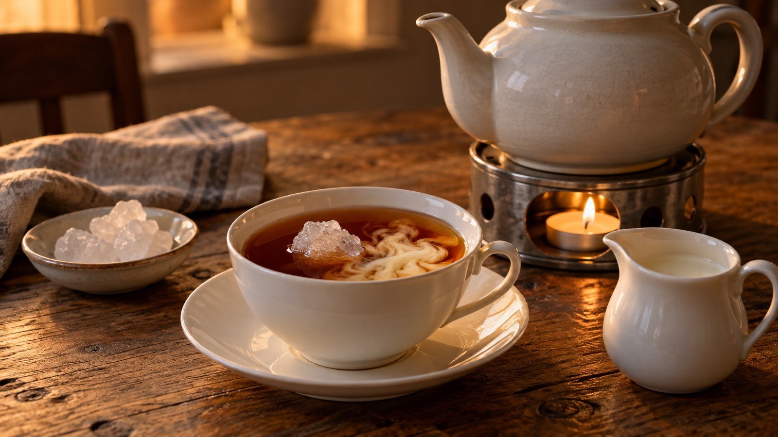 Teetasse mit Kandis und Sahnewölkchen neben einer Teekanne auf dem Stövchen