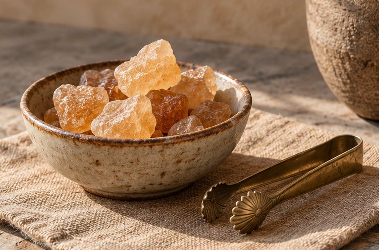 Zuckerbrocken vom Zuckerhut in einer Schale mit Zange