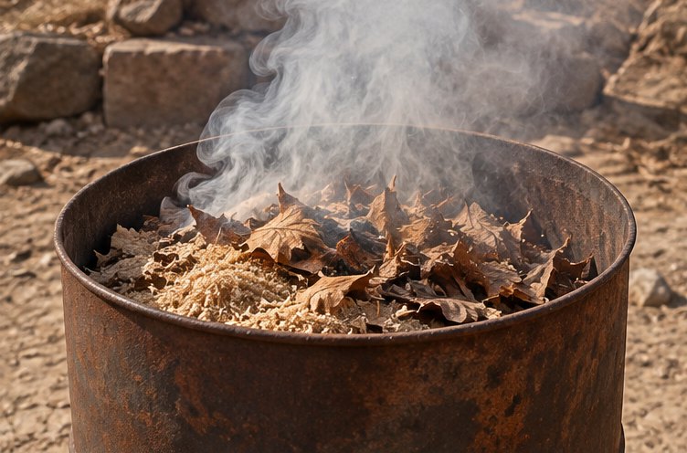 Metalltonne mit Sägespänen und trockenem Laub, aus der Rauch aufsteigt