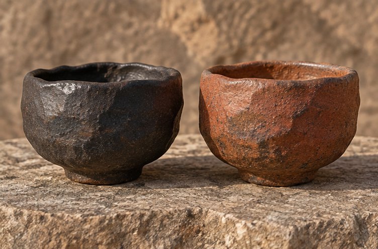 Schwarze und rötliche handgeformte Teeschale nebeneinander auf Stein