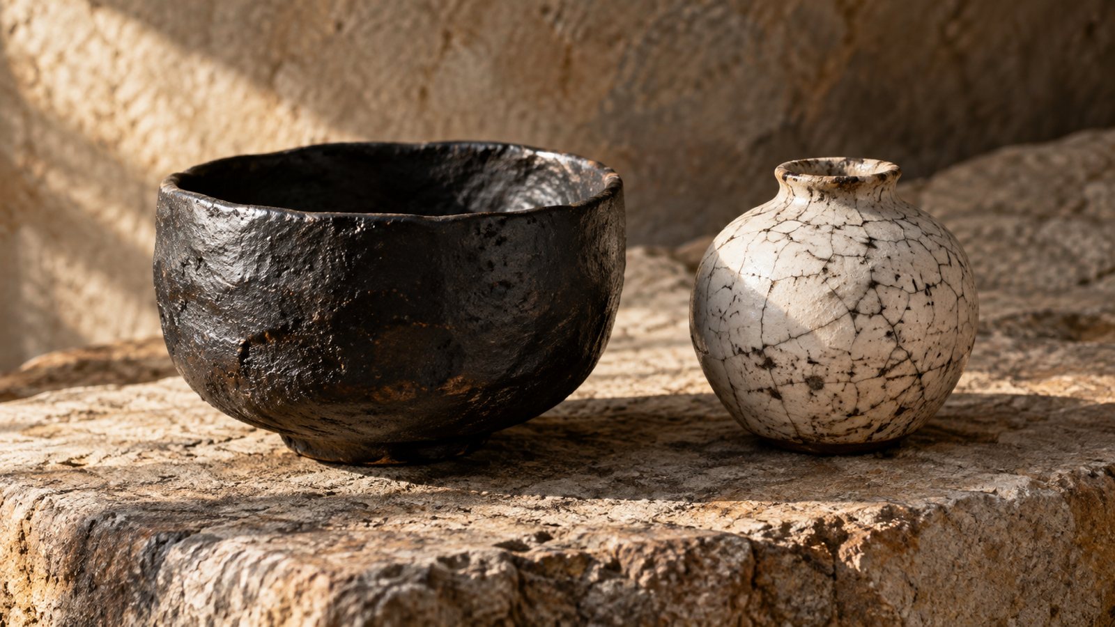 Was ist Raku-Keramik? Schwarze, handgeformte Raku-Teeschale neben einem weißen Gefäß mit schwarzem Craquelé