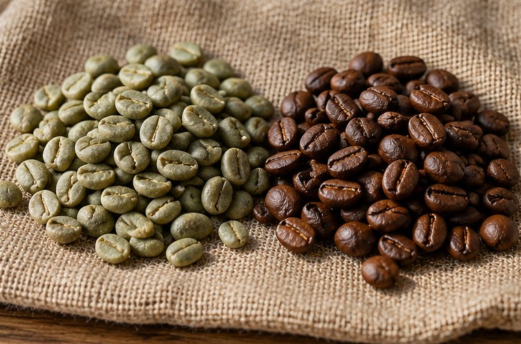 Grüne Rohkaffeebohnen neben gerösteten Bohnen auf Leinen